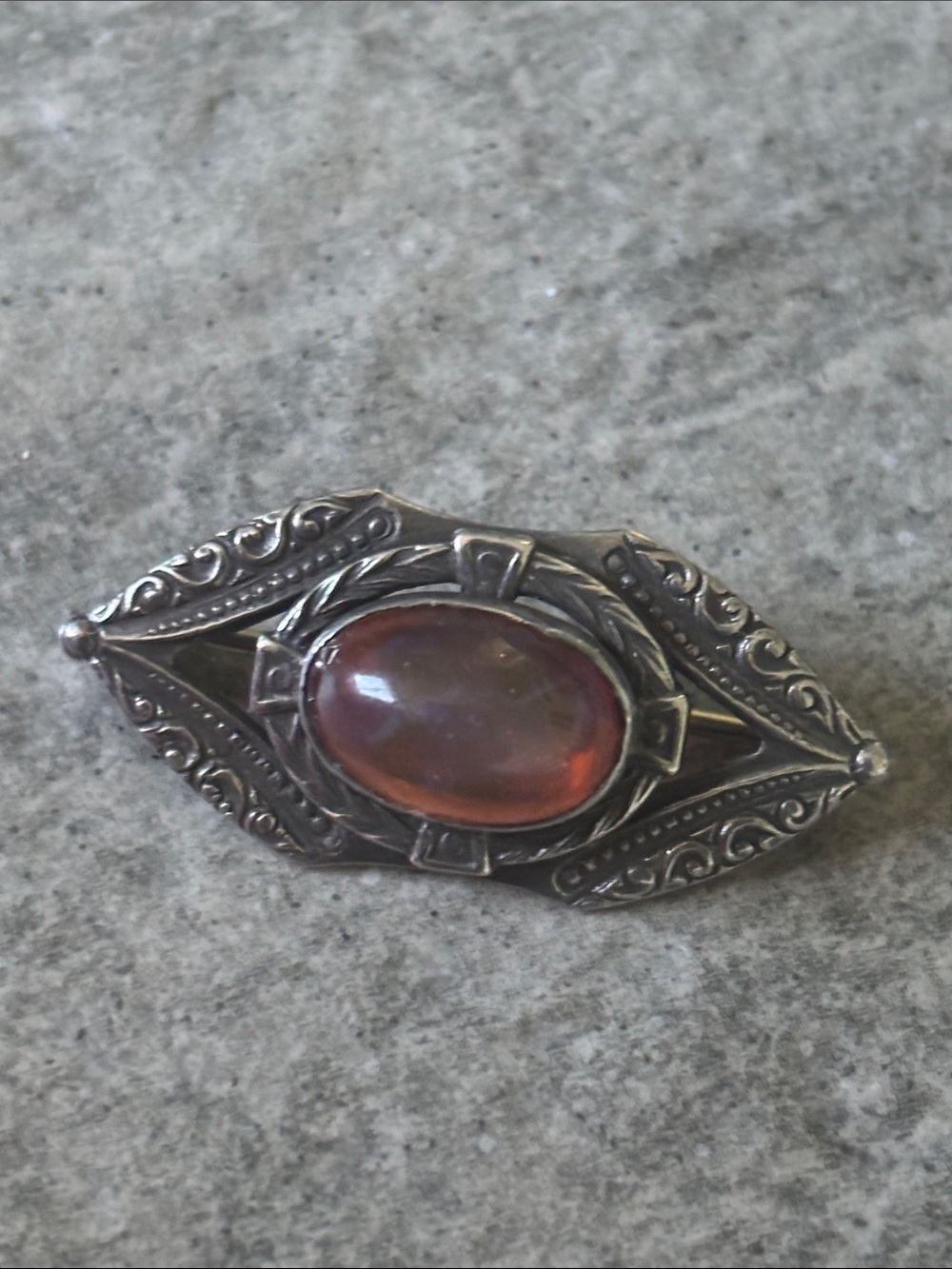 Ornate Sterling Silver DRAGON’S BREATH Brooch Pin Cabochon 0.67” Vintage